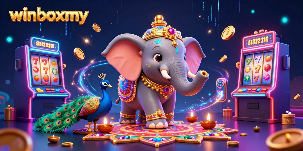 WinboxMY presents a vibrant casino scene featuring an elephant and a peacock amidst dynamic slot machines.