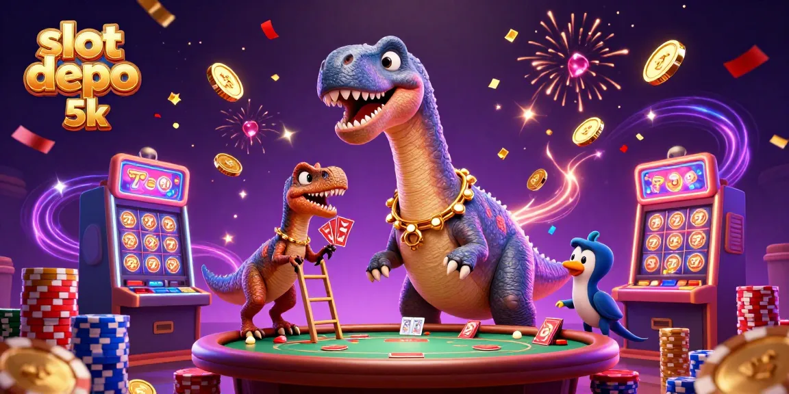 Engage in thrilling fun at slot depo 5k, featuring a dinosaur dealer carding at a vibrant casino scene.