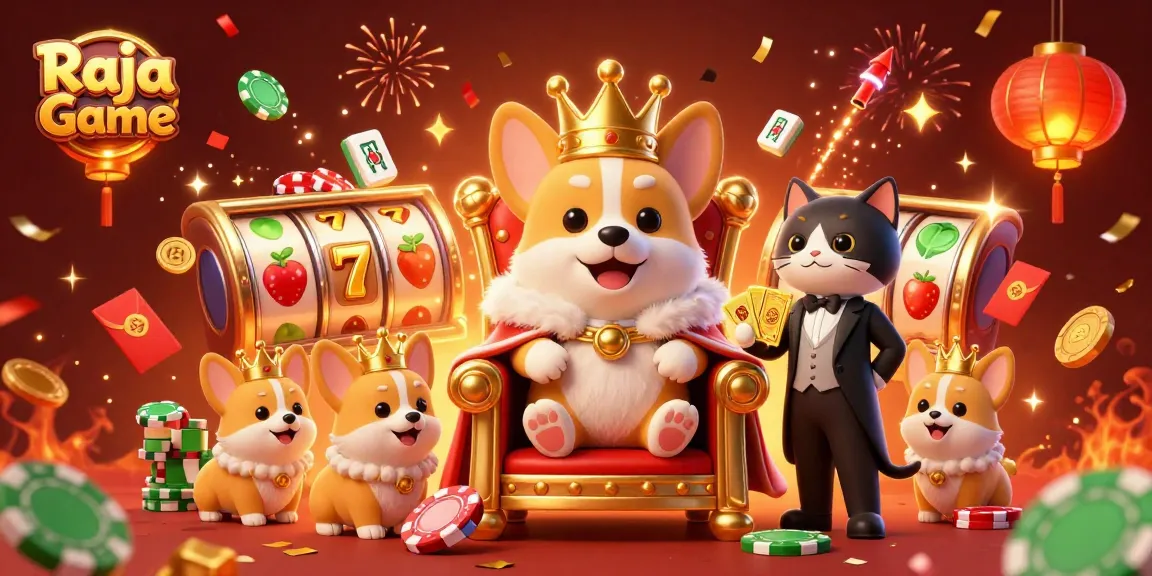 Experience the thrill of Raja Game with vibrant slot reels and lively characters in a festive scene.