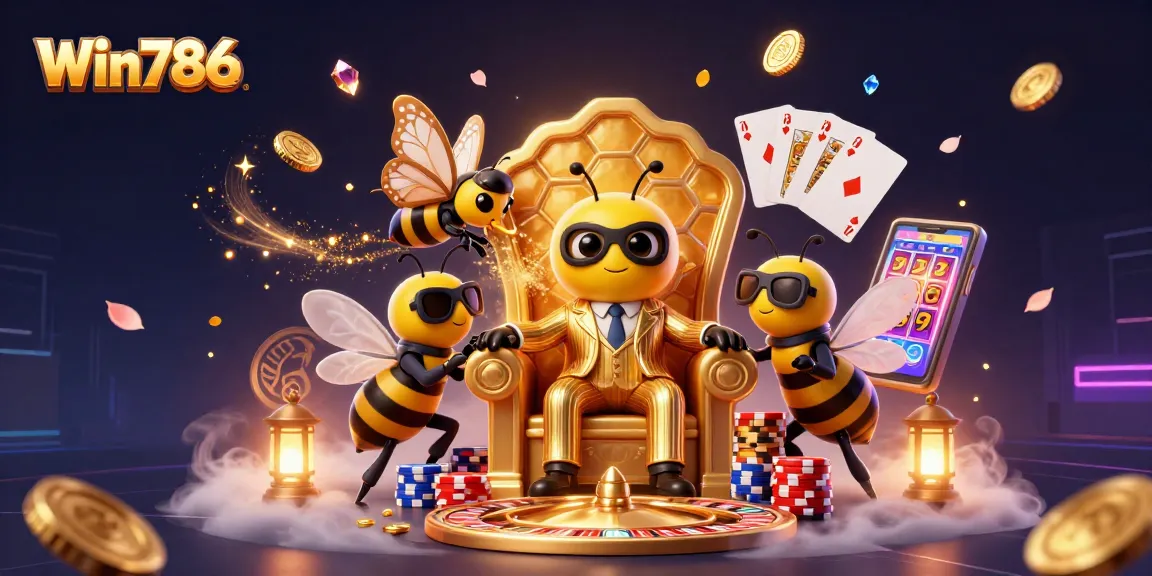Win786 showcases an engaging casino scene with a bumblebee mob boss, wasp guards, and thrilling gaming elements.