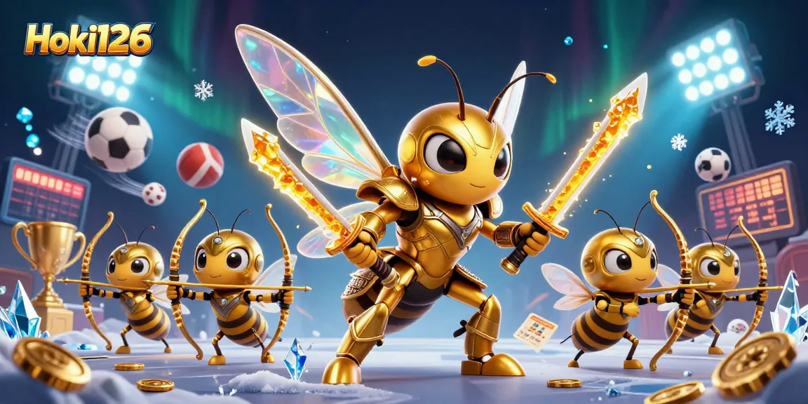 Win big with Hoki126 as the golden hornet battles with vibrant sports elements in a dazzling casino.