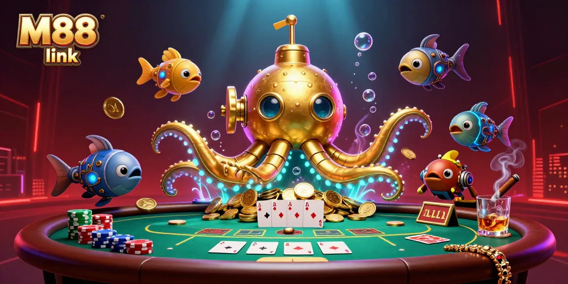 Experience the excitement of M88 link with a vibrant underwater casino scene featuring a golden kraken and poker elements.