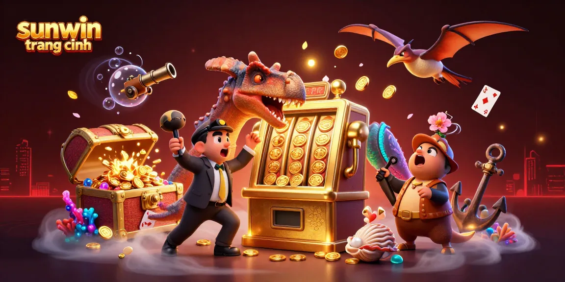 A 3D scene of a pachycephalosaurus interacting with a golden slot machine, showcasing sunwin trang chính with vivid casino elements.
