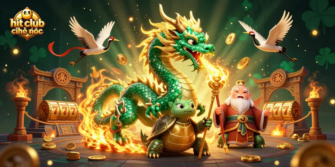 Experience excitement with hit club chính thức through an illustrated scene of dragon and lucky cranes amidst casino elements.