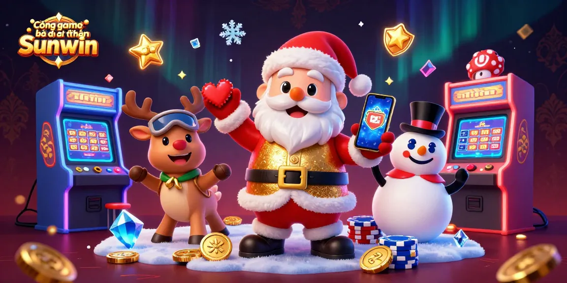 Cổng game bài đổi thưởng Sunwin brings joy with Santa, a reindeer dealer, and a poker chip snowman in a vibrant casino.