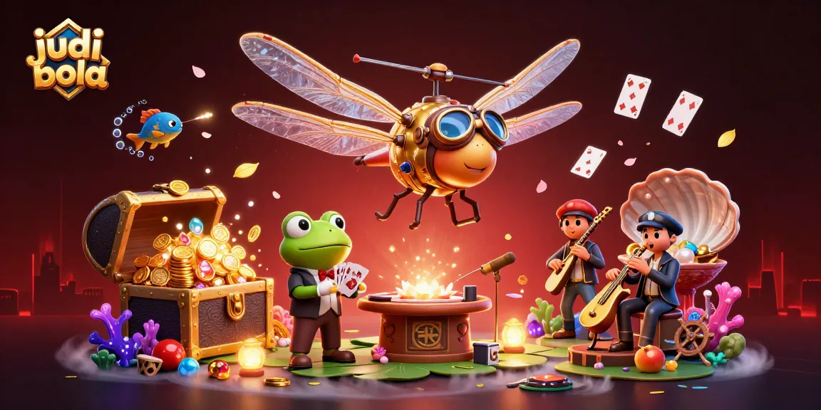 Engage in judi bola excitement with a dynamic casino scene featuring a dragonfly pilot and frog croupier.